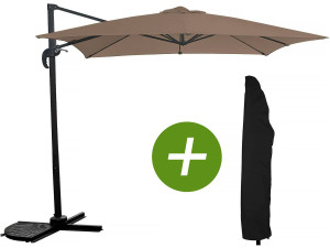 Hanging garden parasol with portable base "Soleil" - Square shape -  2.5 x 2.5 m - Taupe colour + Protection cover