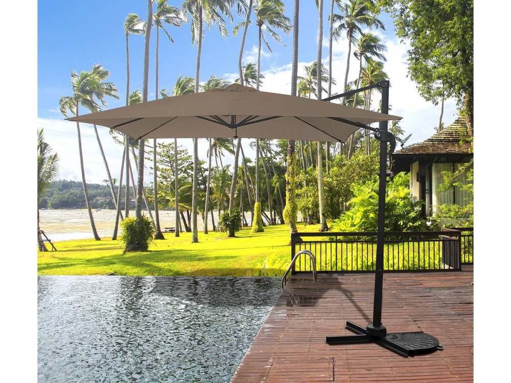 Hanging garden parasol with portable base "Soleil" - Square shape -  2.5 x 2.5 m - Taupe colour + Protection cover