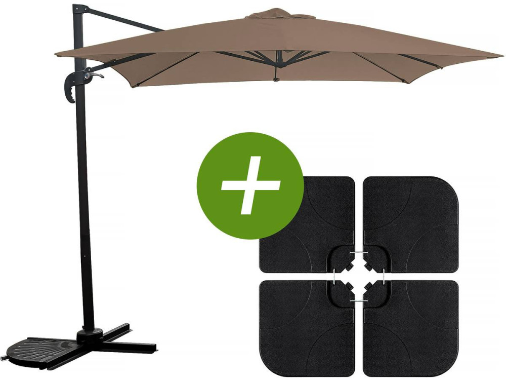 Hanging garden parasol with portable base "Soleil" - Square shape -  2.5 x 2.5 m - Taupe colour + Base stand