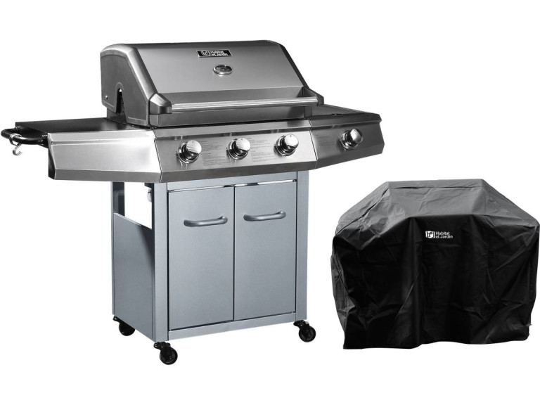 Gas barbecue with LED "Bingo 4" - 4 burners including 1 lateral - 14kW + Protective cover - Silver