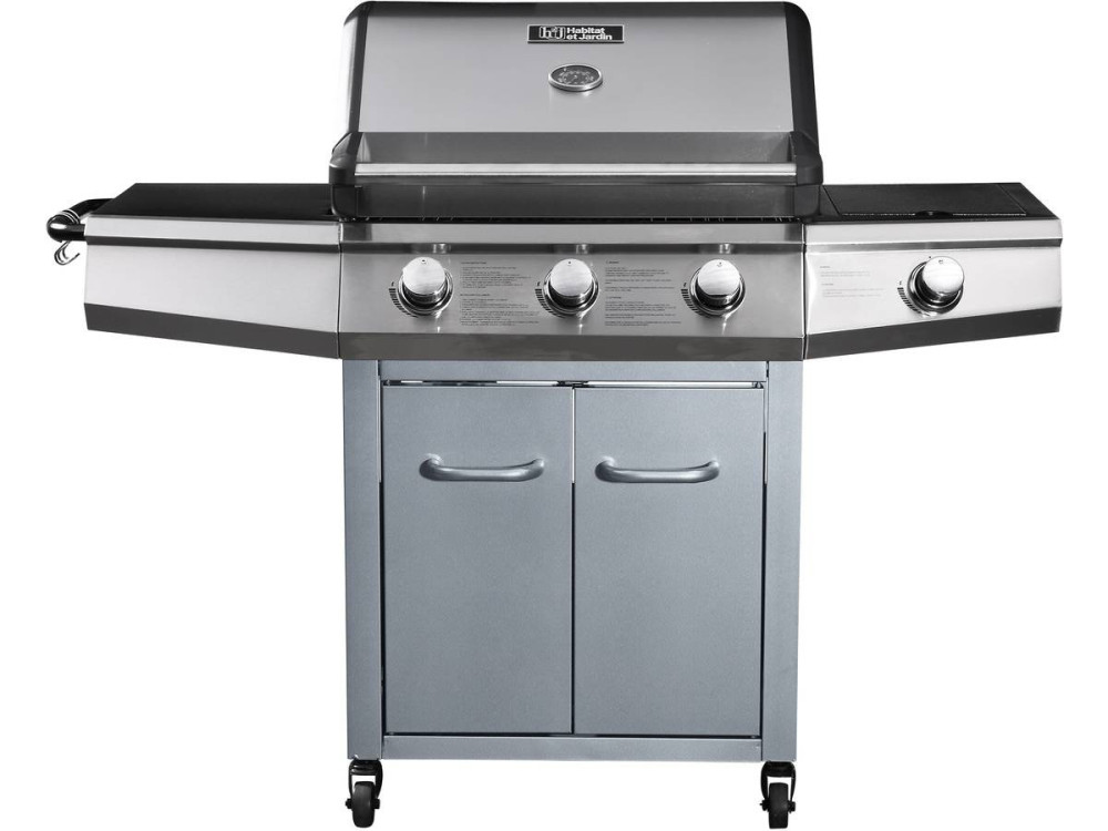 Gas barbecue with LED "Bingo 4" - 4 burners including 1 lateral - 14kW + Protective cover - Silver