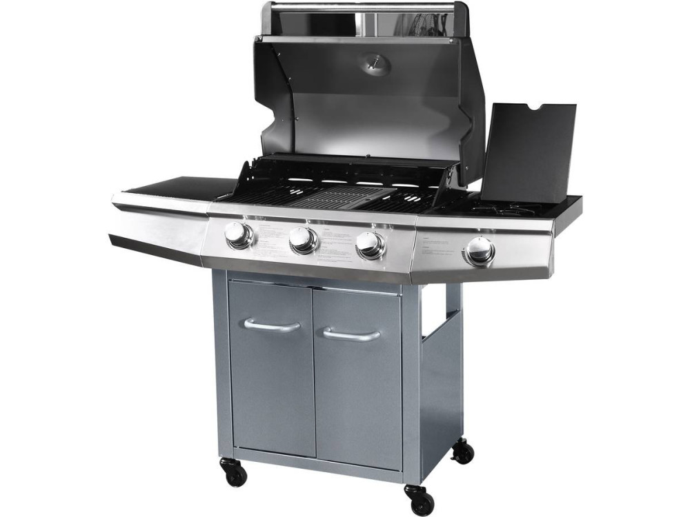 Gas barbecue with LED "Bingo 4" - 4 burners including 1 lateral - 14kW + Protective cover - Silver