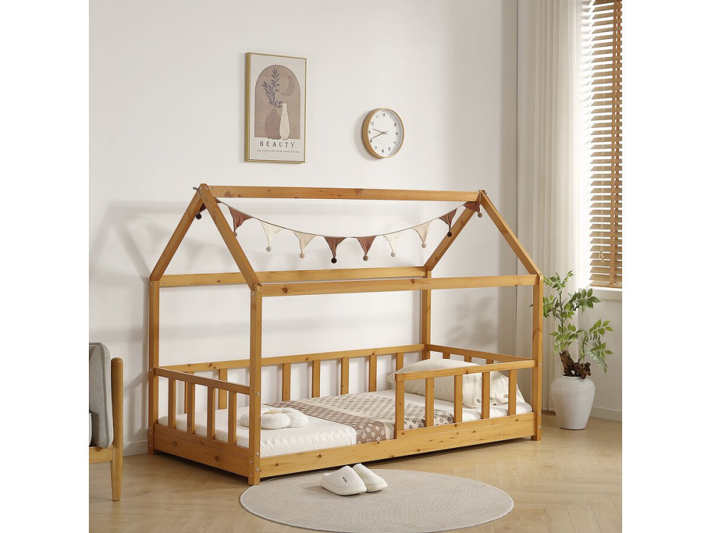 Mila" children's wooden hut bed - 90 x 190 cm - Brown