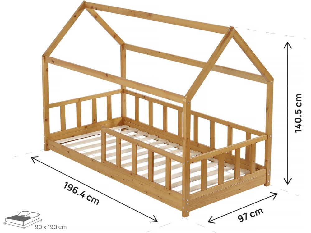Mila" children's wooden hut bed - 90 x 190 cm - Brown