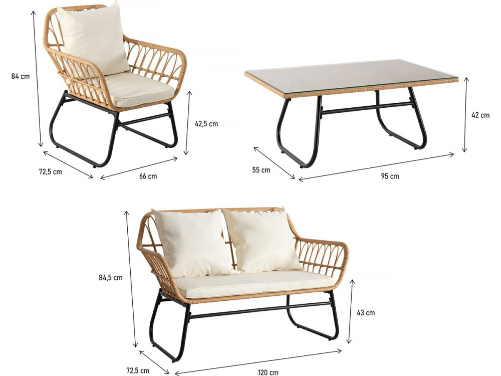 Melo rattan garden furniture - 4 people - Black/Bamboo