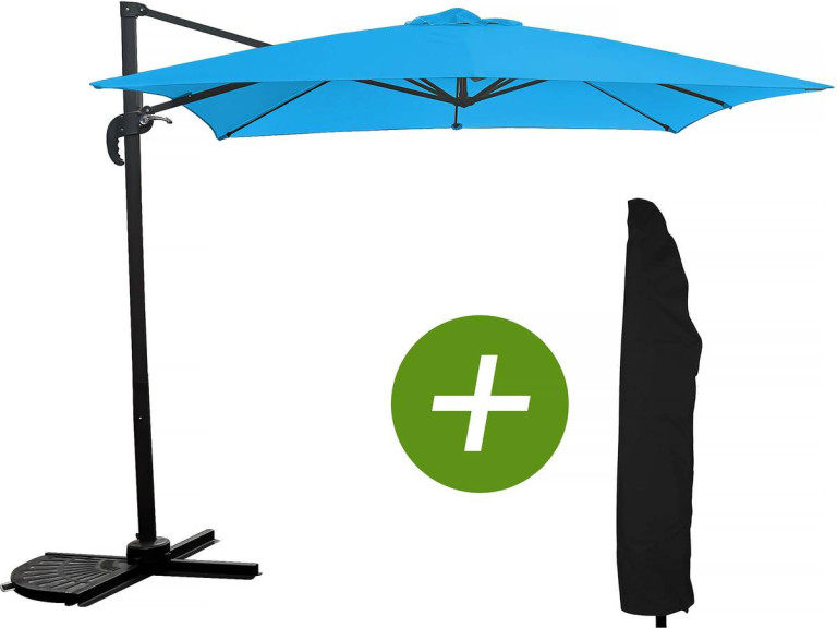 Hanging garden parasol with portable base "Soleil" - Square shape -  2.5 x 2.5 m - Blue + Protection cover