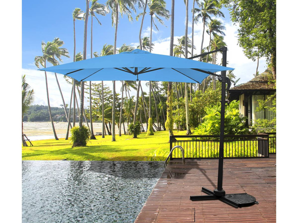 Hanging garden parasol with portable base "Soleil" - Square shape -  2.5 x 2.5 m - Blue + Base stand