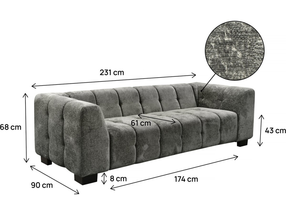 3-seater "Foch" straight design sofa in chenille fabric - Grey