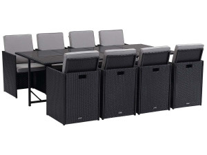 Outdoor Garden Furniture in Woven Wicker - Chicago 8 - "Atlanta" - Black - Table and 8 Armchairs - Waterproof cushions with remo