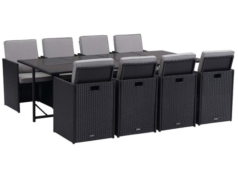 Outdoor Garden Furniture in Woven Wicker - Chicago 8 - "Atlanta" - Black - Table and 8 Armchairs - Waterproof cushions with remo