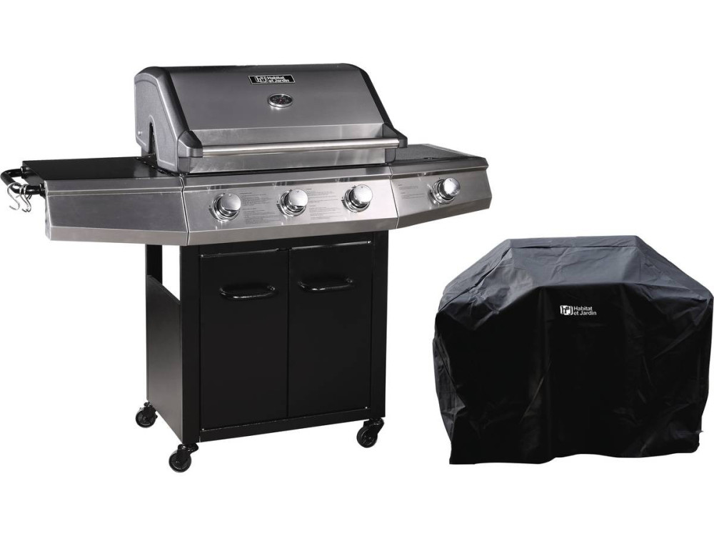 Gas barbecue with LED "Bingo 4" - 4 burners including 1 lateral - 14kW + Protective cover - Black
