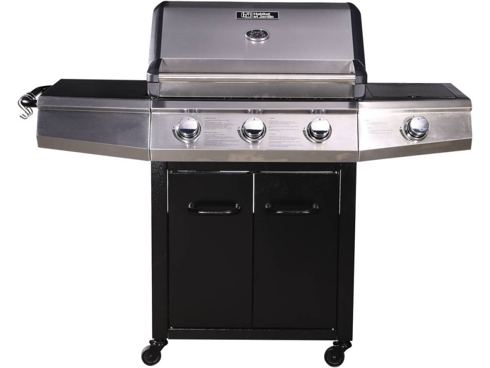 Gas barbecue with LED "Bingo 4" - 4 burners including 1 lateral - 14kW + Protective cover - Black