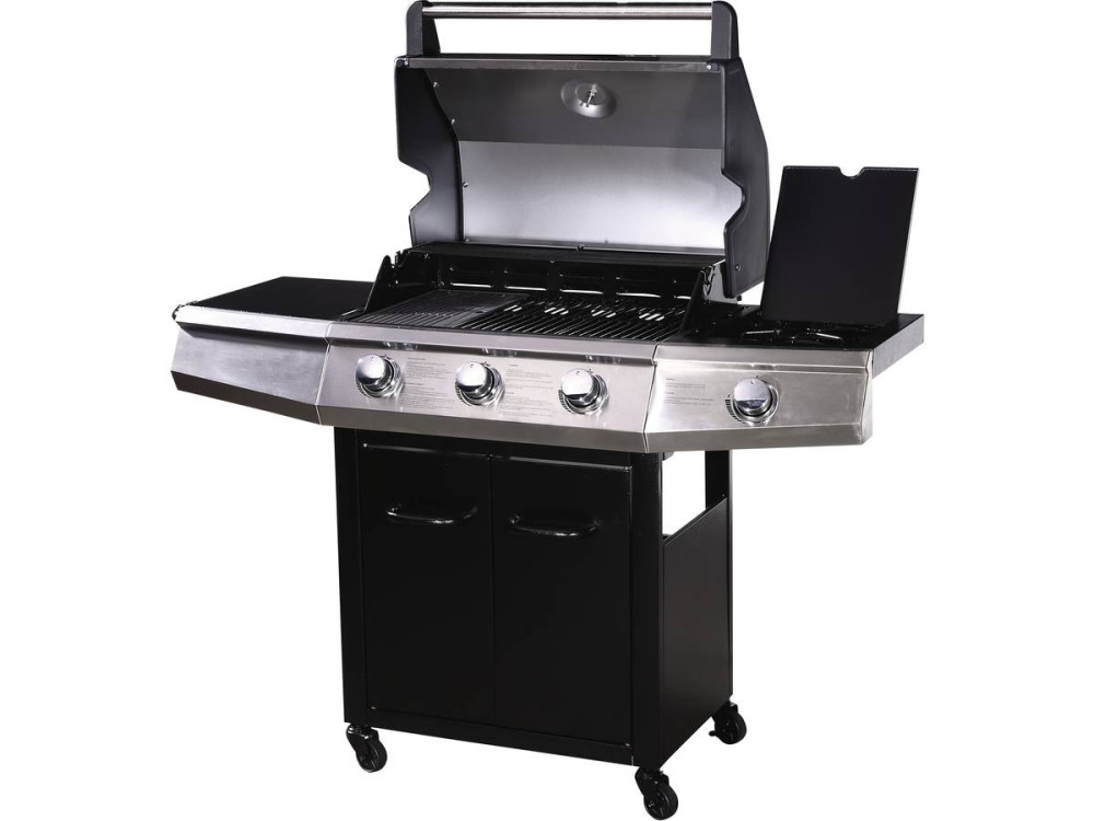 Gas barbecue with LED "Bingo 4" - 4 burners including 1 lateral - 14kW + Protective cover - Black