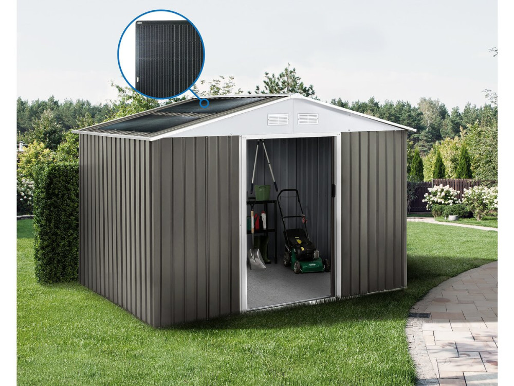 Dallas metal garden shed - 8.84m² with solar panels