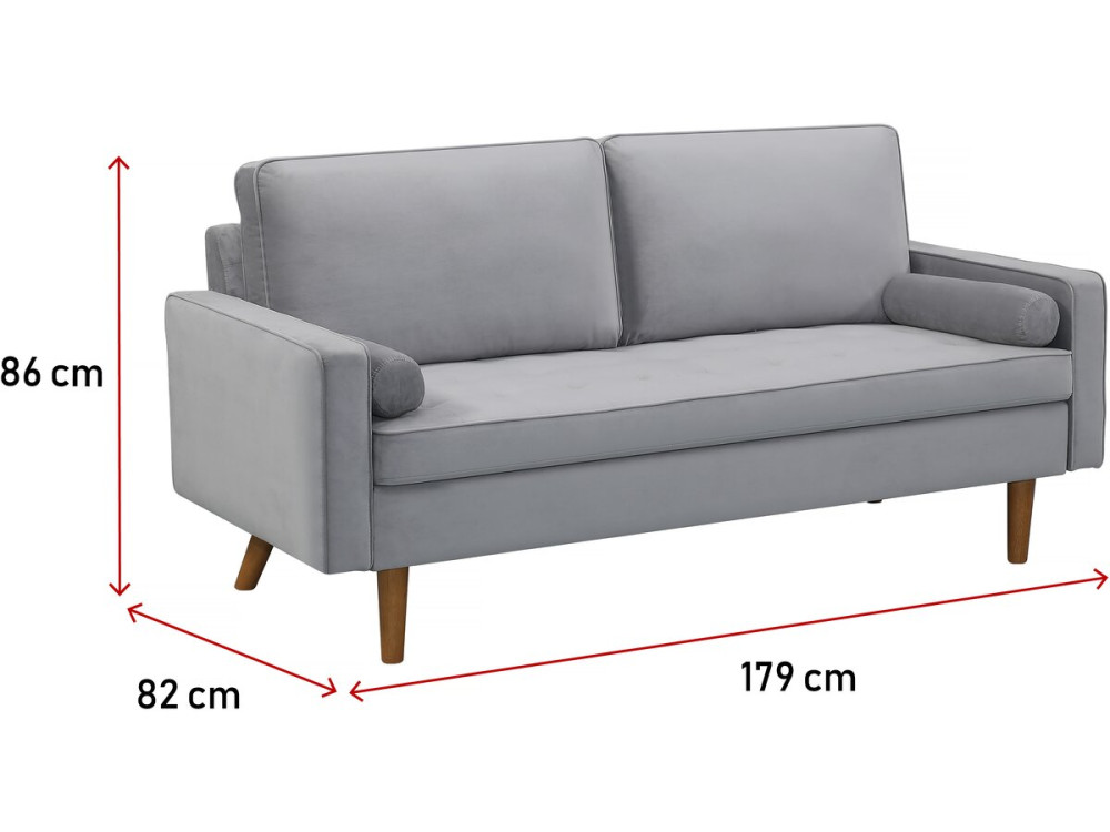 Fixed velvet sofa "Yannick" - 82 x 179 x 86 cm - 3 seats - Light gray
