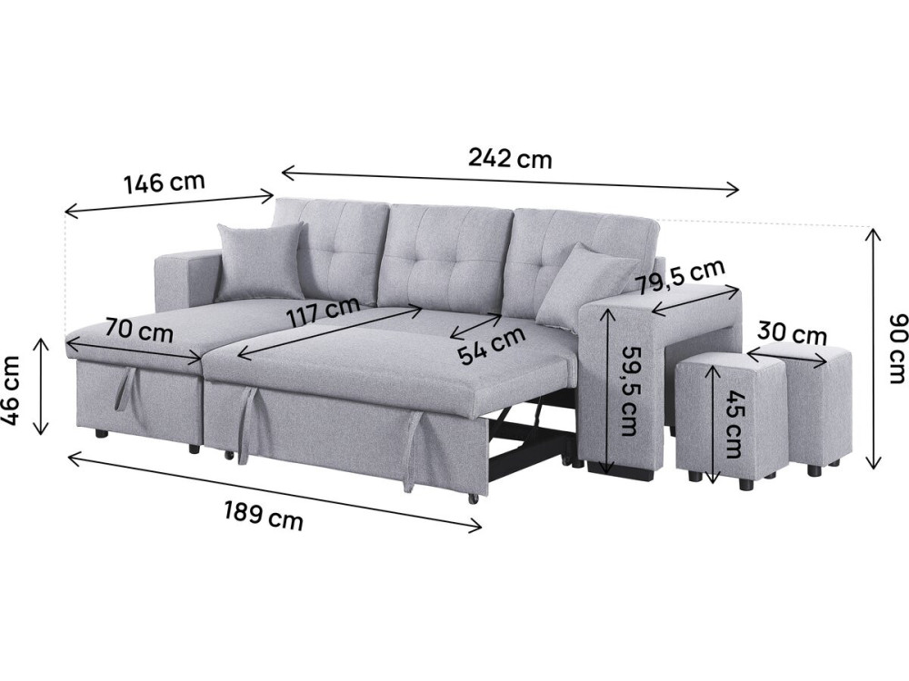 Noah" fabric corner sofa bed - 4 seater - Light grey