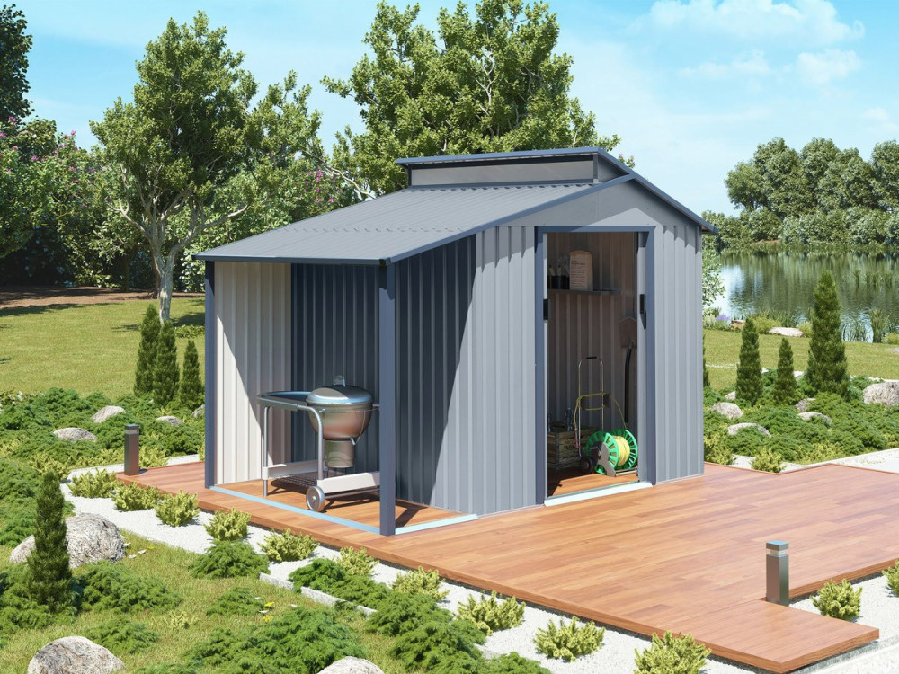 Madras metal garden shed with pergola - 5.64 m² - 193 x 292 x 229 cm - Grey