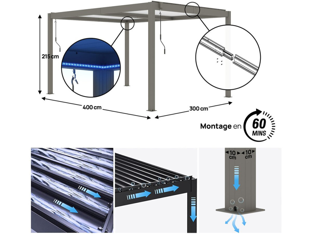 Bioclimatic pergola with LED "Windsor" in aluminum 3 x 4 - Taupe