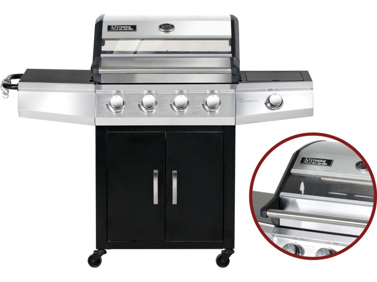 Bingo 5" gas barbecue with glass lid - 4 burners + 1 side + protective cover - 15.2 kW - Black