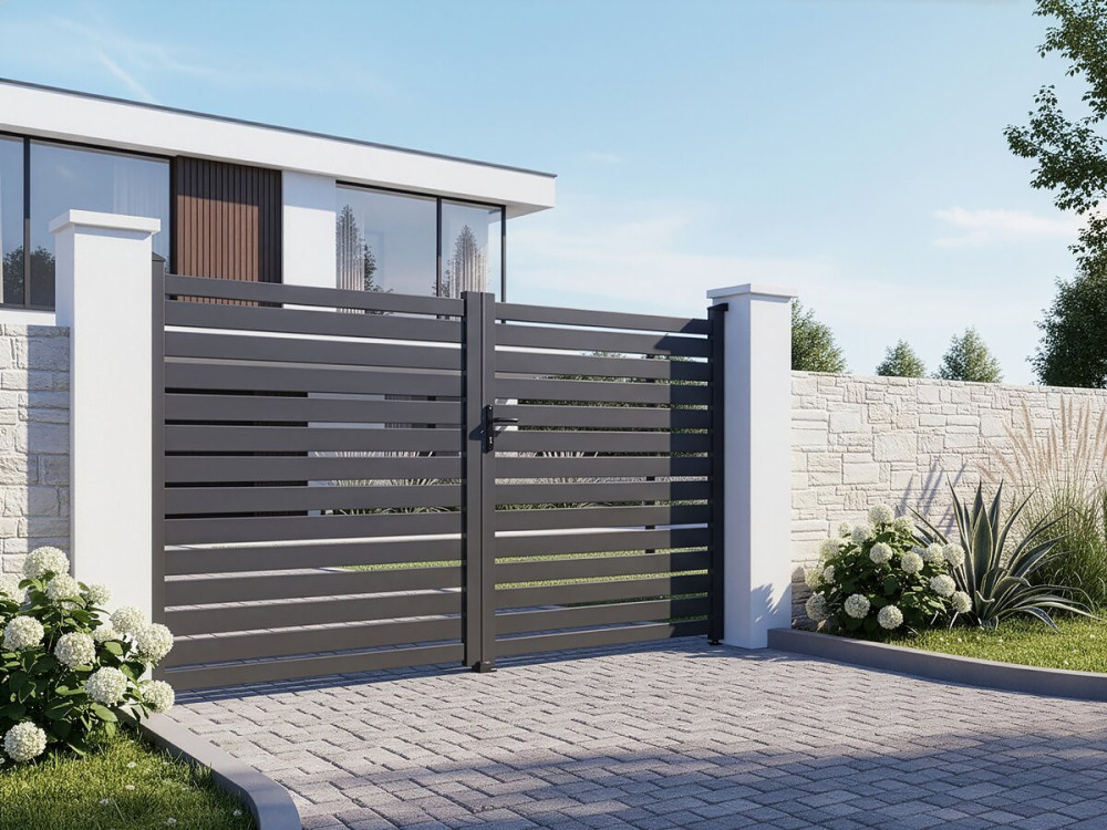 Julien" semi-openwork aluminium gate - 340 x 140 cm - Grey