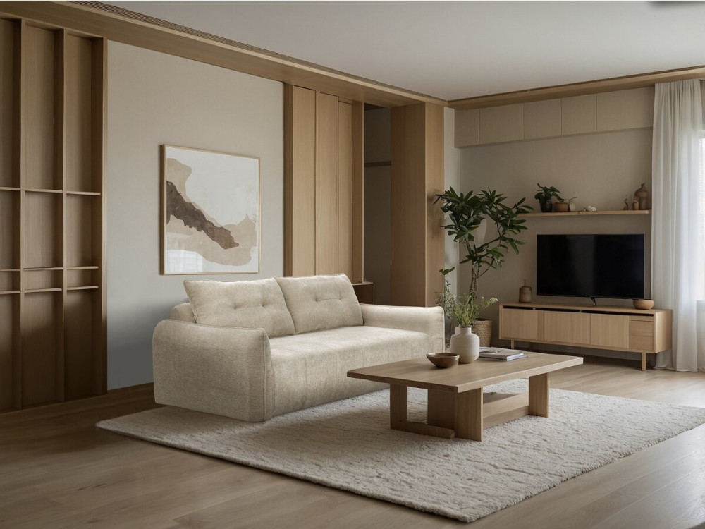 Silvano" straight sofa in textured fabric - 3 seater - Beige