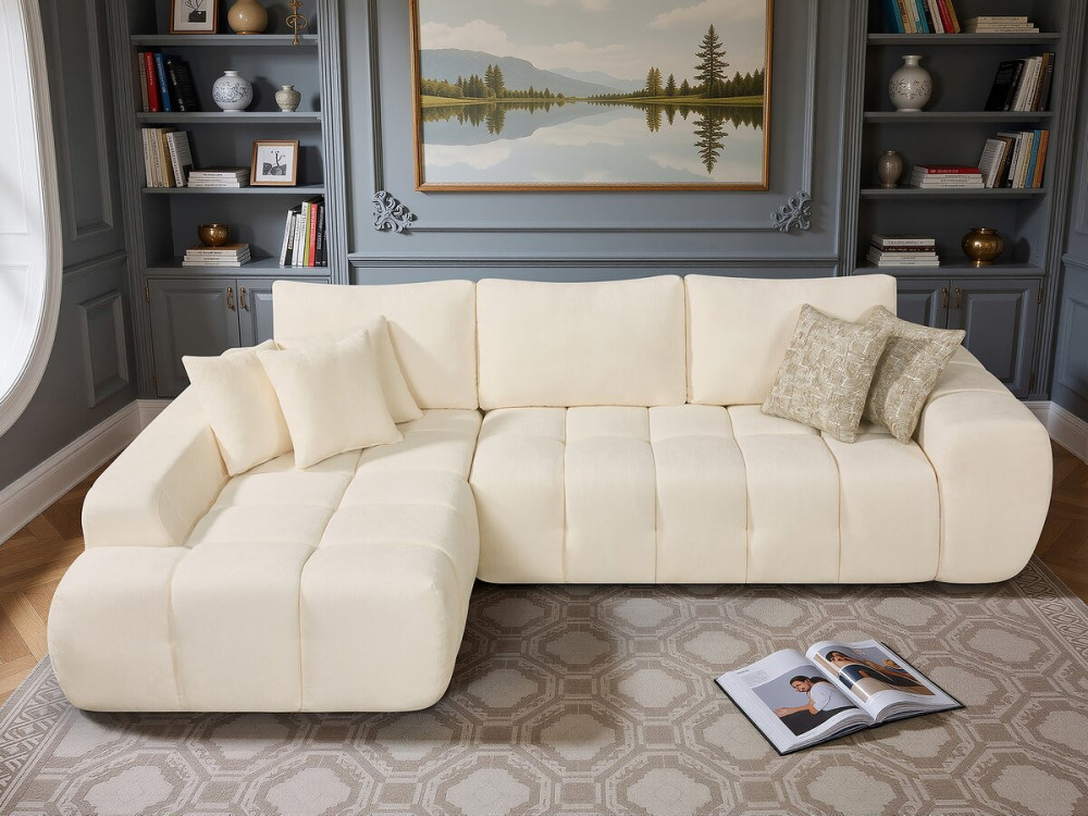 Sidonie" left corner sofa in bubble fabric - 4 seater - Beige