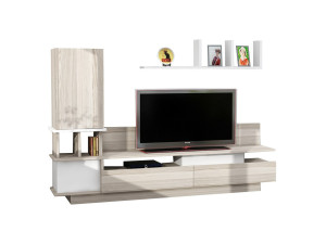 Como" wooden TV stand with wall shelf - 149 x 31 x 117 cm - Light grey