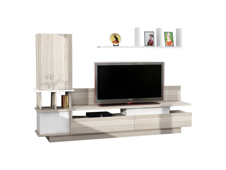 Como" wooden TV stand with wall shelf - 149 x 31 x 117 cm - Light grey