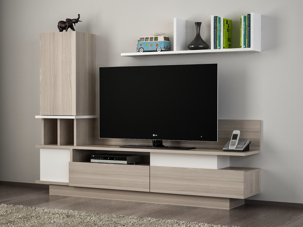 Como" wooden TV stand with wall shelf - 149 x 31 x 117 cm - Light grey