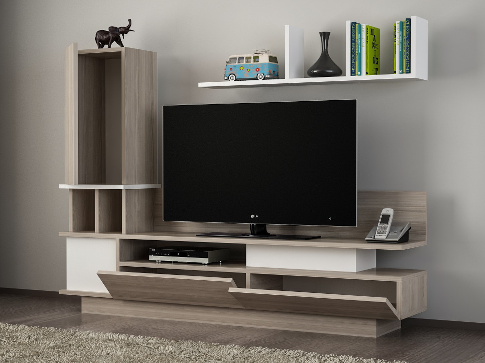 Como" wooden TV stand with wall shelf - 149 x 31 x 117 cm - Light grey