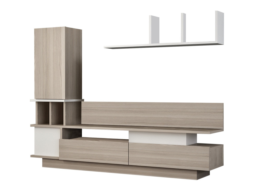 Como" wooden TV stand with wall shelf - 149 x 31 x 117 cm - Light grey