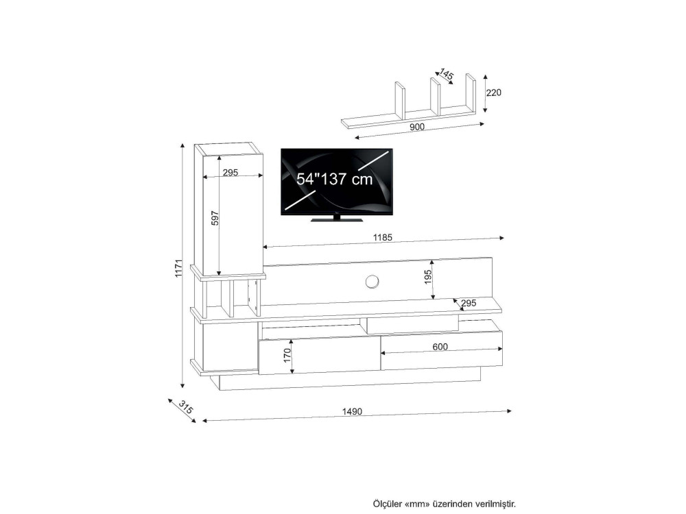 Como" wooden TV stand with wall shelf - 149 x 31 x 117 cm - Light grey