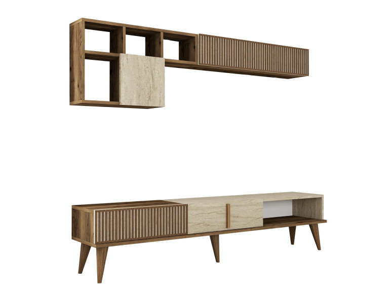 Milan" wooden TV stand - 180 x 35 x 40 cm - Walnut, Travertine