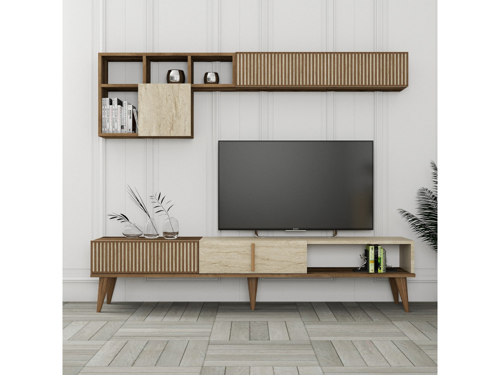 Milan" wooden TV stand - 180 x 35 x 40 cm - Walnut, Travertine
