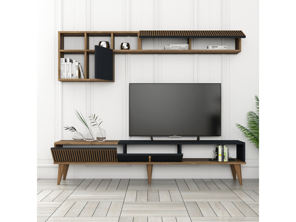 Milan" wooden TV stand - 180 x 35 x 40 cm - Walnut, Anthracite