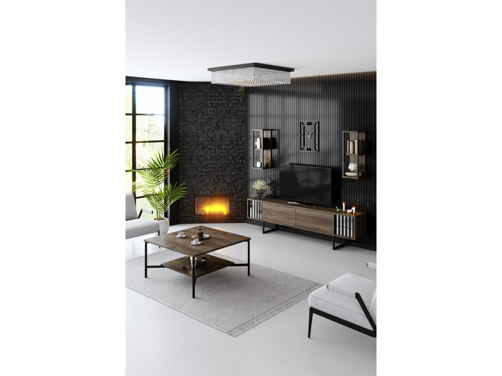 Chrome Line" wooden TV stand - 180 x 30 x 48 cm - WalnutBlack
