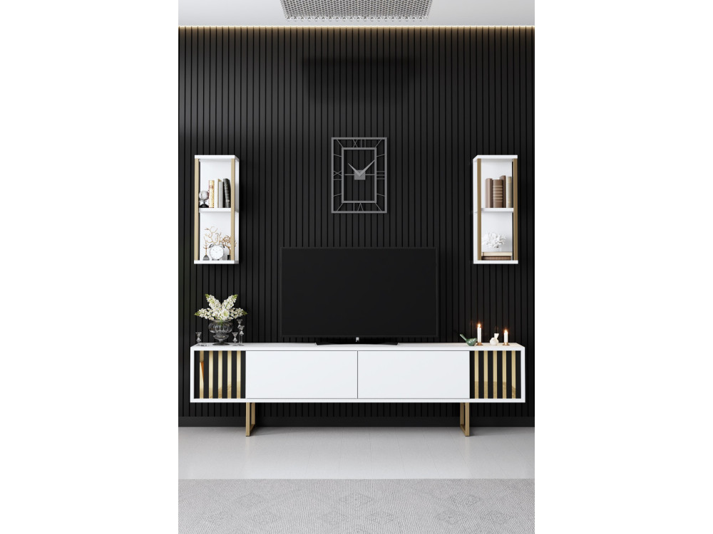 Gold Line" wooden TV stand - 180 x 30 x 48 cm - WhiteBlack