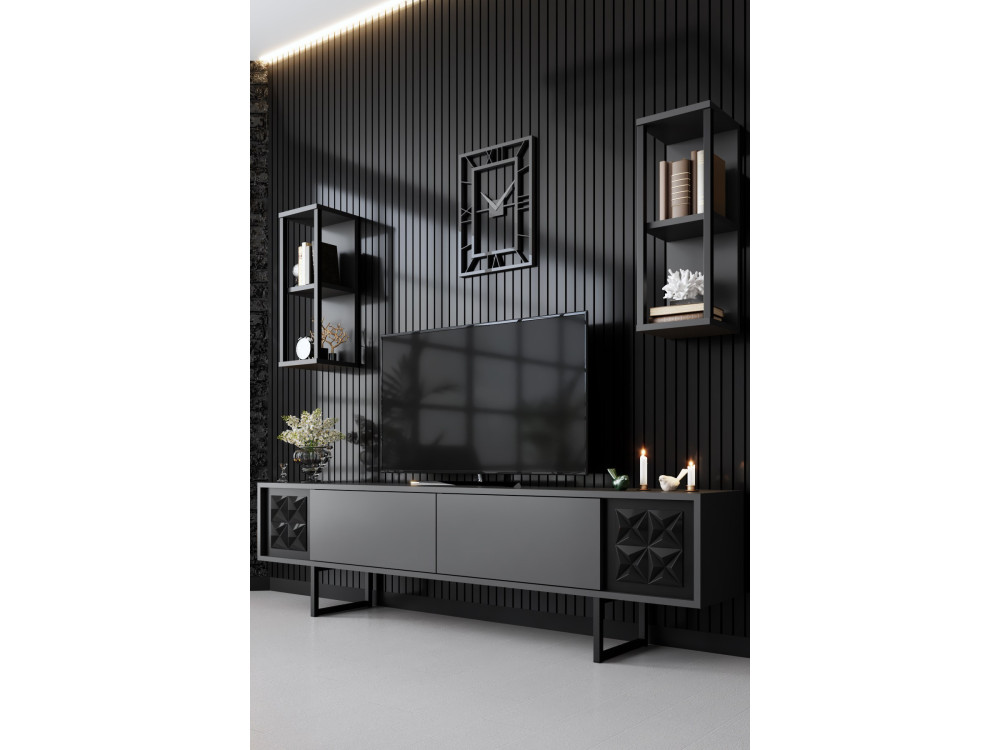 Black Line" wooden TV unit - 180 x 30 x 48 cm - AnthraciteBlack