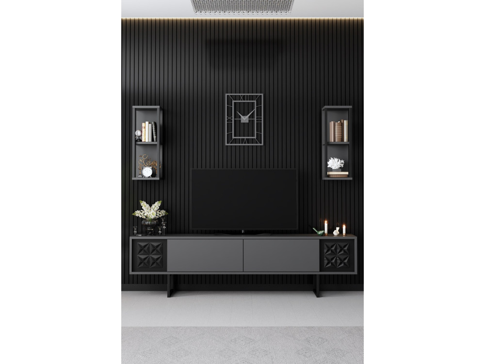 Black Line" wooden TV unit - 180 x 30 x 48 cm - AnthraciteBlack