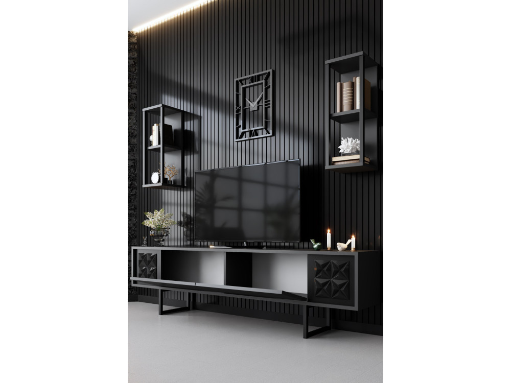 Black Line" wooden TV unit - 180 x 30 x 48 cm - AnthraciteBlack