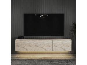 Wooden wall-hung TV stand with "Neon illuminated" LED lighting - 160 x 32 x 35 cm - Travertine 2
