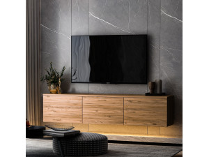 Wooden wall-hung TV stand with "Neon illuminated" LED lighting - 160 x 32 x 35 cm - Brown 2