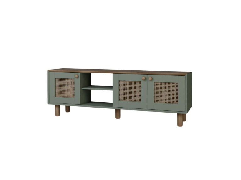 Bohemian" wood and cane TV stand - 160 x 40 x 56 cm - Green