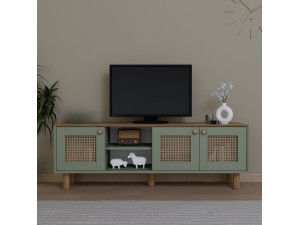 Bohemian" wood and cane TV stand - 160 x 40 x 56 cm - Green 2