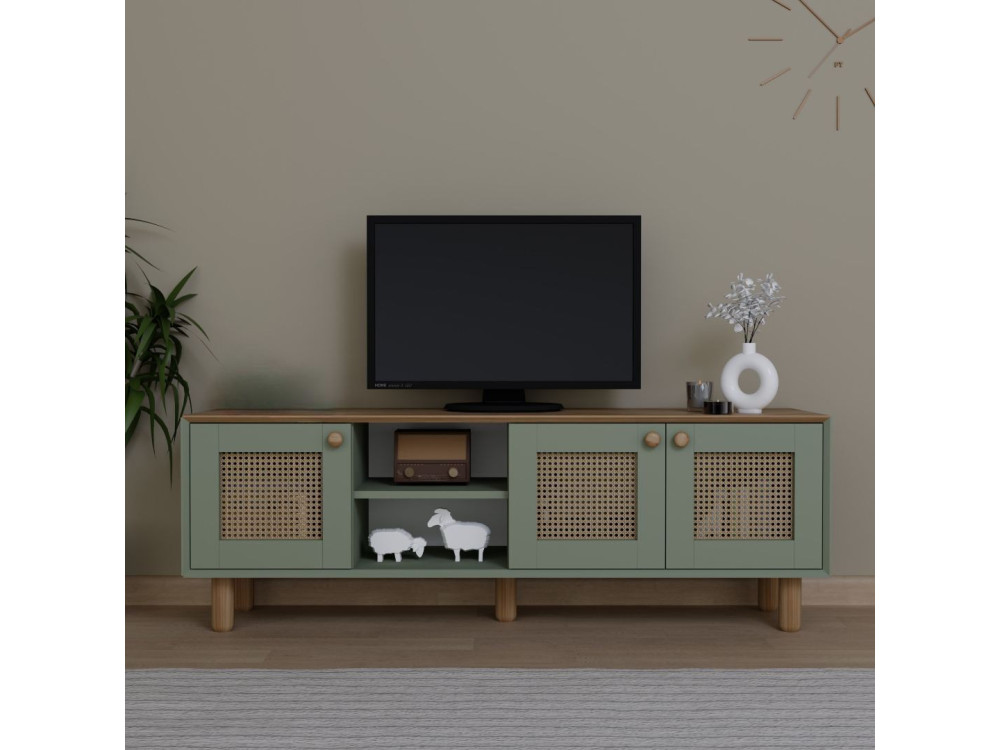 Bohemian" wood and cane TV stand - 160 x 40 x 56 cm - Green