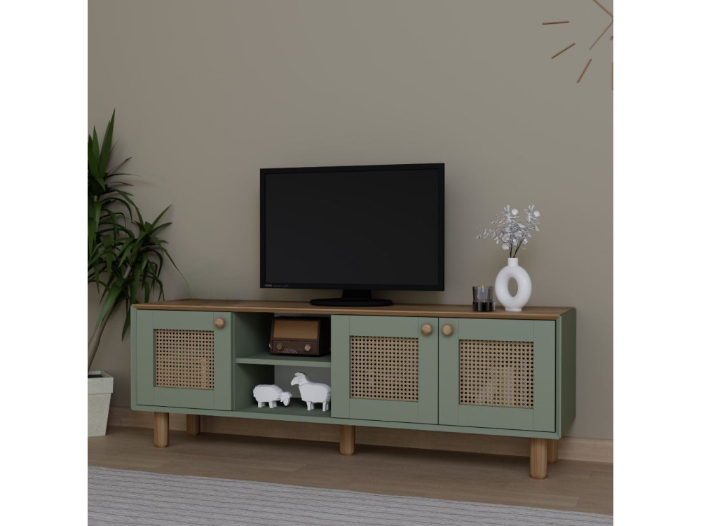 Bohemian" wood and cane TV stand - 160 x 40 x 56 cm - Green