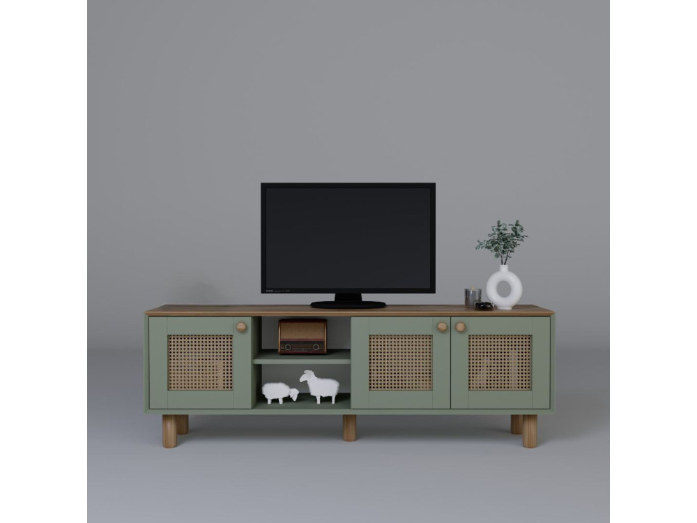 Bohemian" wood and cane TV stand - 160 x 40 x 56 cm - Green
