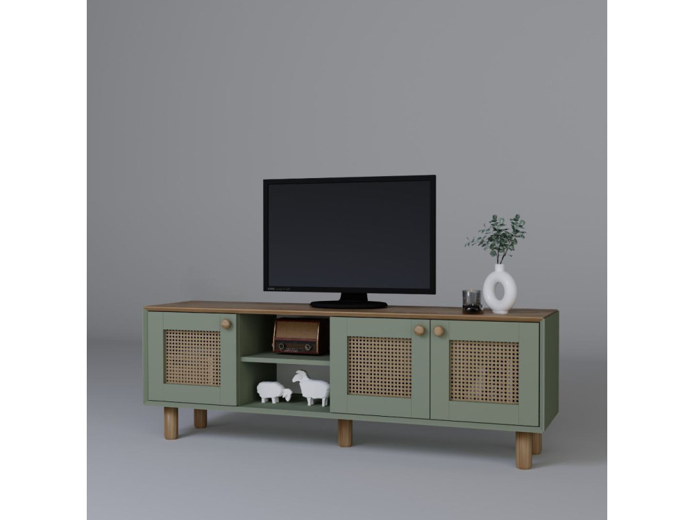 Bohemian" wood and cane TV stand - 160 x 40 x 56 cm - Green
