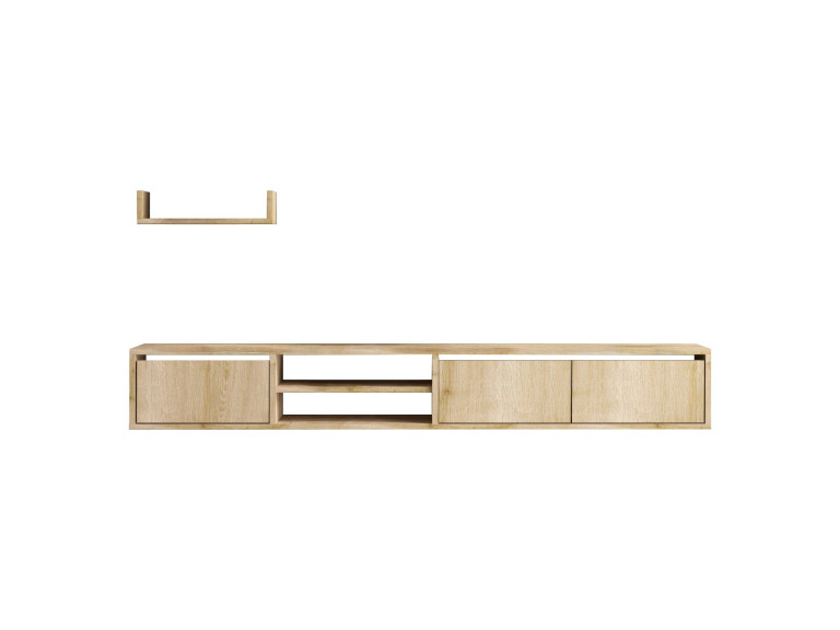 Heka" wall-hung TV cabinet with wooden shelf - 180 x 30 x 25 cm - Beige