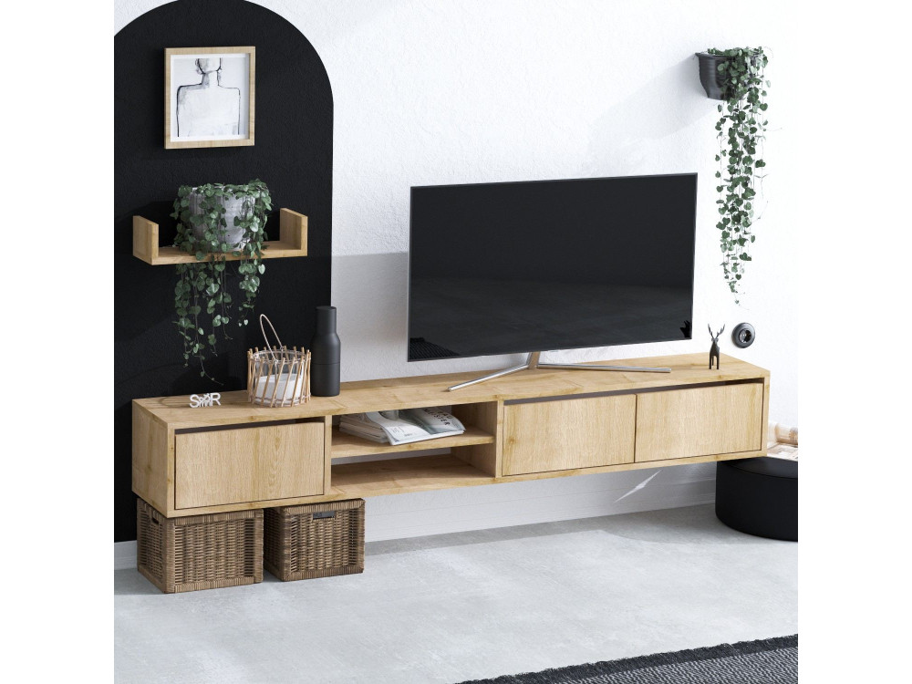 Heka" wall-hung TV cabinet with wooden shelf - 180 x 30 x 25 cm - Beige